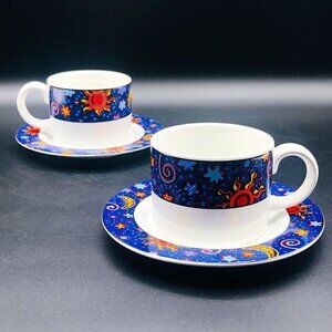 90s SAKURA Stoneware Celestial Cup Saucer Set PAIR Vintage Astral Moon Star Sun